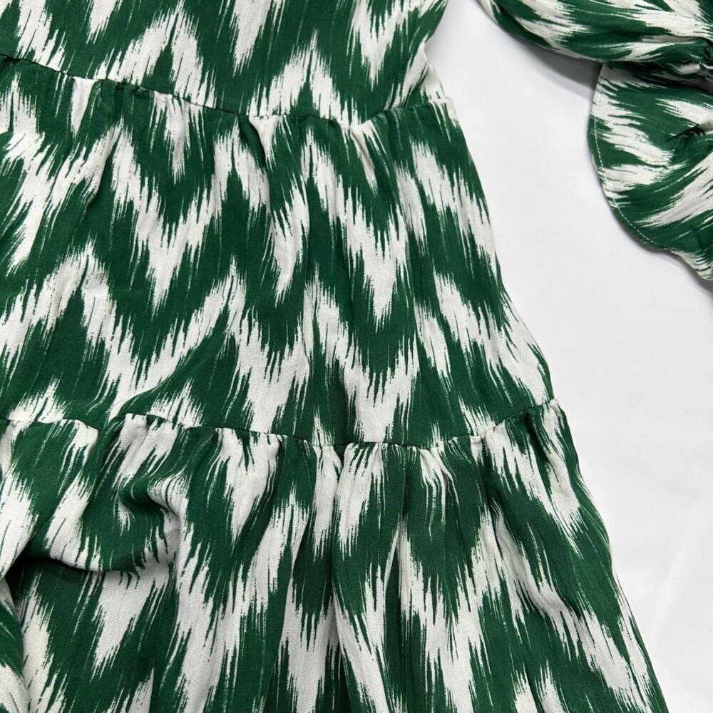 Pomander Place Ikat Kenzo Dress XS Green White Chevron Print Tiered V-Neck Ruffl - Picture 15 of 15
